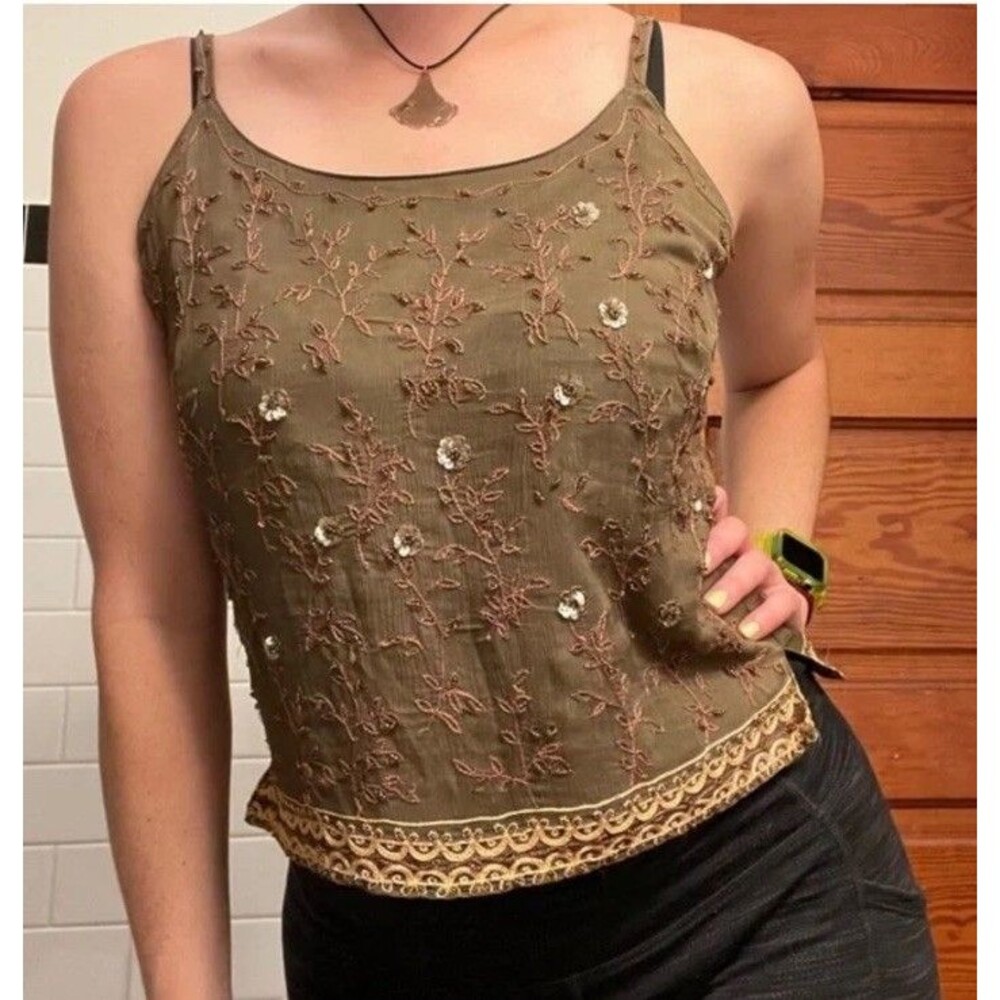 Vintage Express Y2K Fairy core 100% Silk Beaded Camisole Top Sz 9